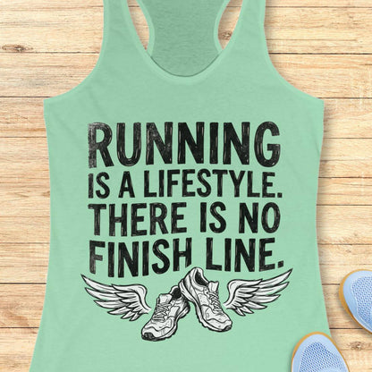 A mint racerback tank top with a black graphic print that reads 'RUNNING IS A LIFESTYLE. THERE IS NO FINISH LINE.