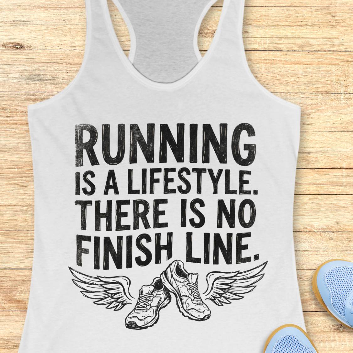 A white racerback tank top with a black graphic print that reads 'RUNNING IS A LIFESTYLE. THERE IS NO FINISH LINE.