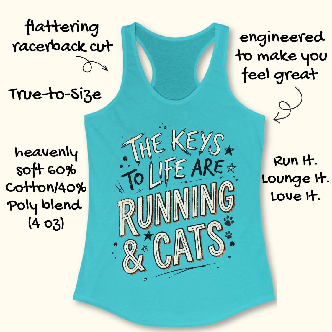 A blue racerback tank top laid flat on a light wood surface, featuring the phrase 'THE KEYS TO LIFE ARE RUNNING & CATS' in white and blue outlined lettering with small paw print and star accents. Part of a light blue shoe is visible at the bottom right.