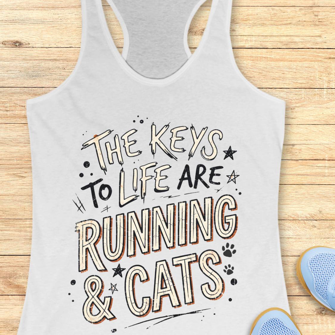 A white racerback tank top with a graphic print that reads 'THE KEYS TO LIFE ARE RUNNING & CATS' in stylized lettering, shown laid flat on a light wood background with partial blue sneakers visible at the edges.