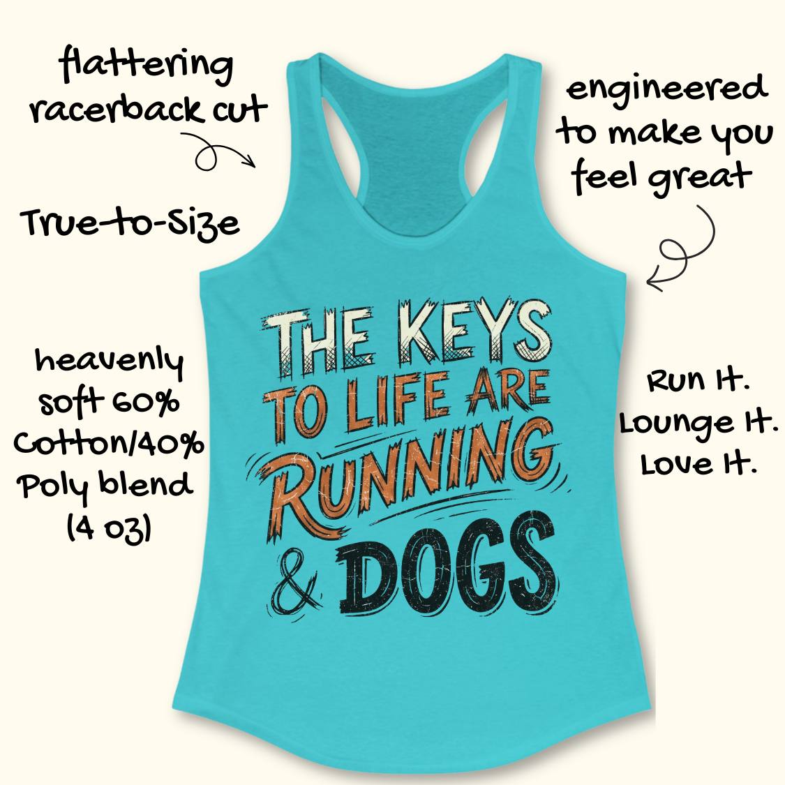 A turquoise racerback tank top with a graphic that reads 'THE KEYS TO LIFE ARE RUNNING & DOGS' in white, orange, and black lettering. The image is set against a light beige background with black hand-drawn text callouts highlighting product features like flattering racerback cut, true-to-size, and soft cotton/poly blend fabric.