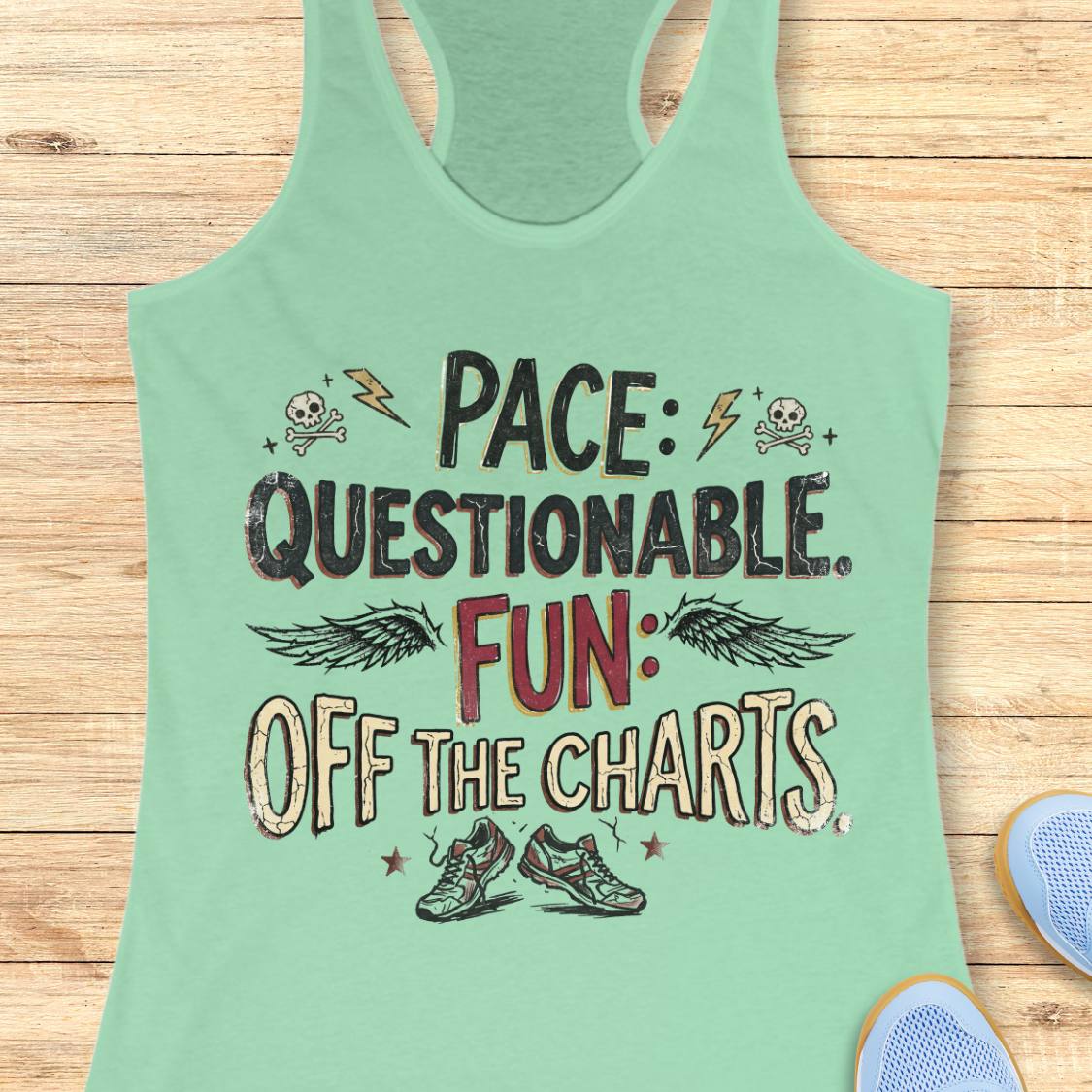 A mint green racerback tank top laid flat on a light wood background, featuring a graphic print that reads 'PACE: QUESTIONABLE. FUN: OFF THE CHARTS.