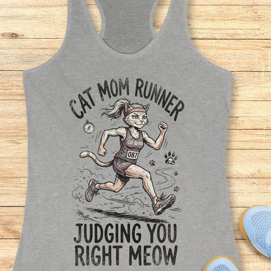 A heather gray racerback tank top laid flat on a light wood background, featuring a graphic of a cat dressed as a race runner with the text 'CAT MOM RUNNER' above and 'JUDGING YOU RIGHT MEOW' below.