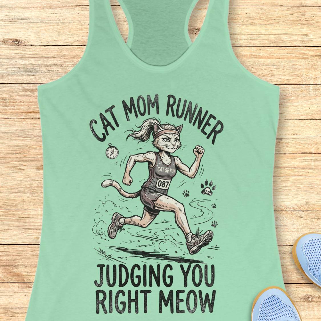 A mint green racerback tank top laid flat on a light wood background, featuring a graphic of a cat running as a race runner with the text 'CAT MOM RUNNER' and 'JUDGING YOU RIGHT MEOW'.