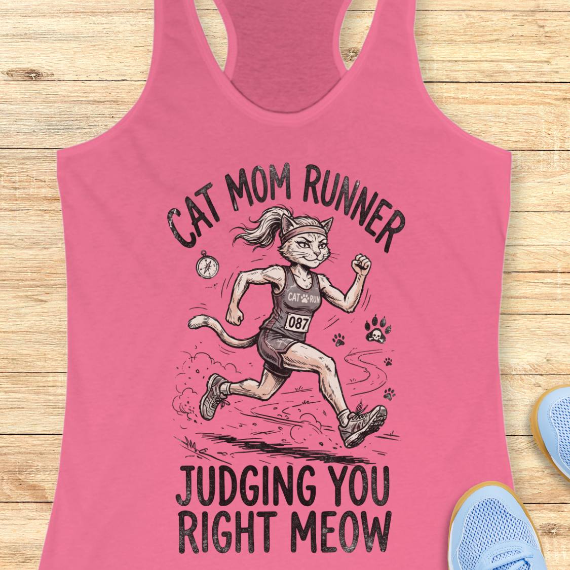A pink racerback tank top laid flat on a light wood surface, featuring a graphic of a cat runner with the text 'CAT MOM RUNNER' above and 'JUDGING YOU RIGHT MEOW' below.