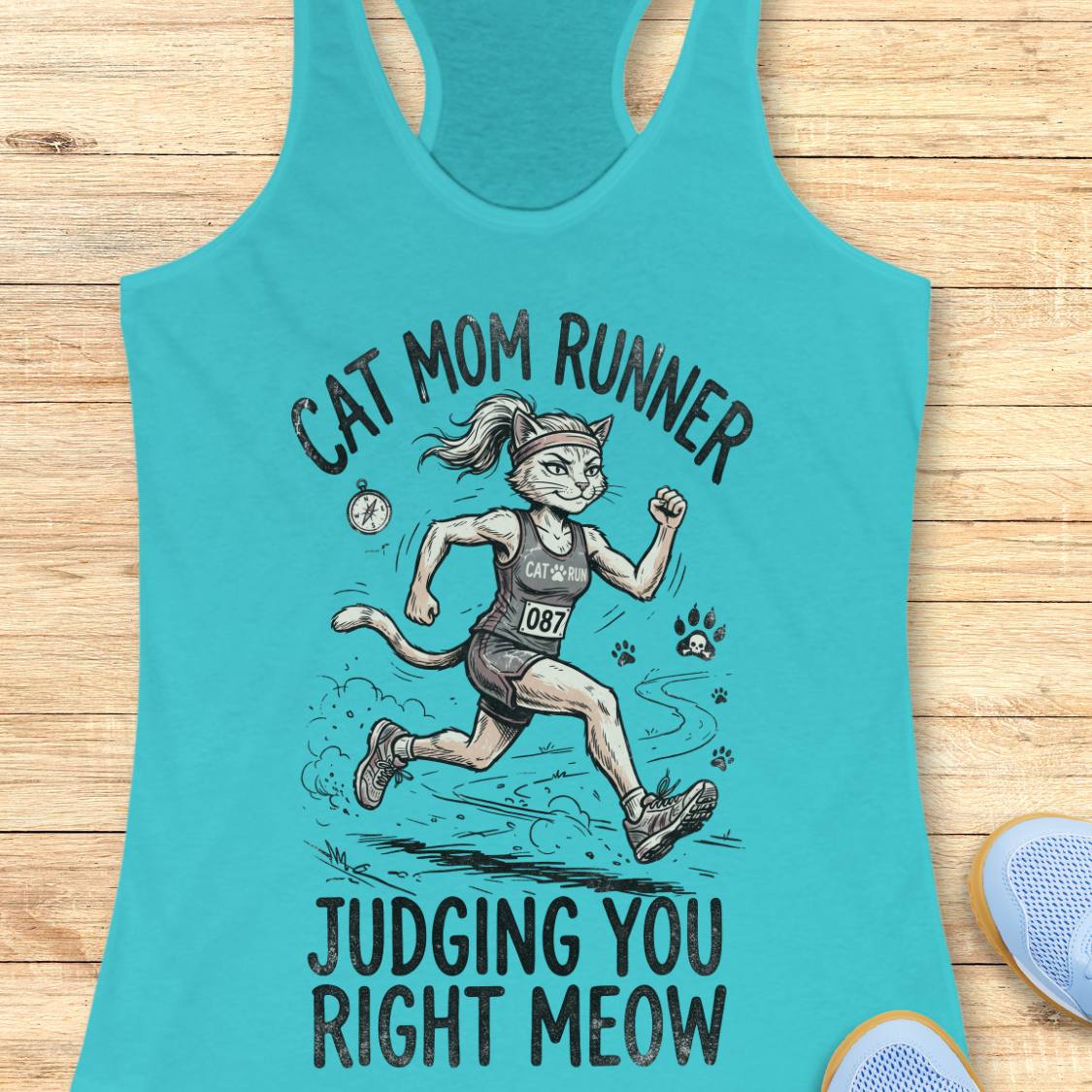 A turquoise racerback tank top laid flat on a light wood surface, featuring a printed graphic of a cat runner with the text 'CAT MOM RUNNER' above and 'JUDGING YOU RIGHT MEOW' below.