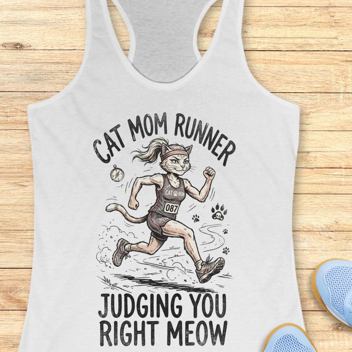 A white racerback tank top laid flat on a light wood surface, featuring a printed illustration of a cat dressed as a race runner with the text 'CAT MOM RUNNER' above and 'JUDGING YOU RIGHT MEOW' below.
