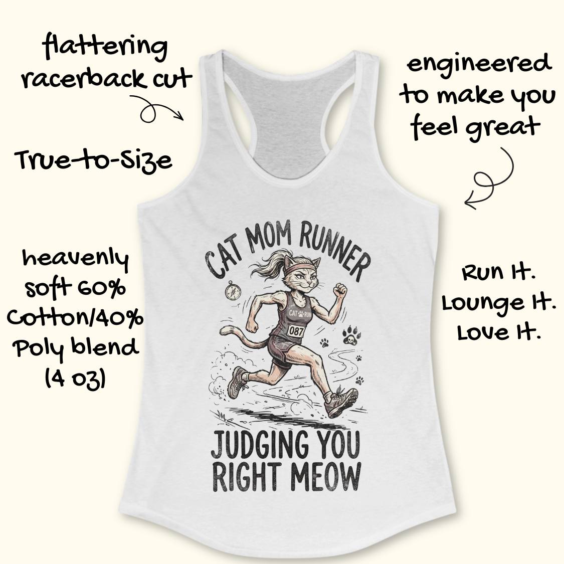 White racerback tank top with a cat mom runner graphic and text, shown on a light beige background with decorative handwritten callouts describing the garment.