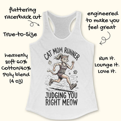 White racerback tank top with a cat mom runner graphic and text, shown on a light beige background with decorative handwritten callouts describing the garment.