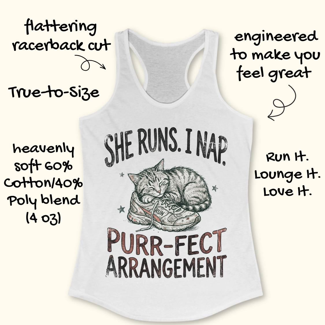 A white racerback tank top with a graphic of a sleeping cat curled up inside a sneaker, surrounded by decorative text. The image includes hand-drawn style callouts around the product describing its features and comfort.