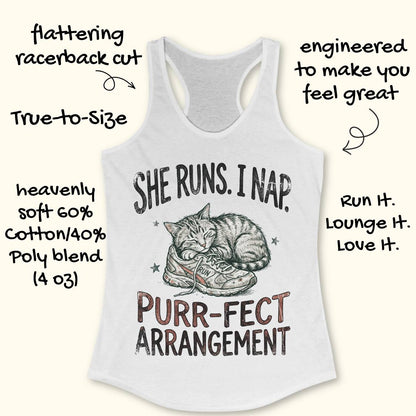A white racerback tank top with a graphic of a sleeping cat curled up inside a sneaker, surrounded by decorative text. The image includes hand-drawn style callouts around the product describing its features and comfort.