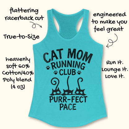 A turquoise racerback tank top with a black graphic reading 'CAT MOM RUNNING CLUB PURR-FECT PACE' and cat silhouettes, shown on a light beige background with decorative text callouts around it.