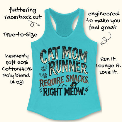 A turquoise racerback tank top with a 'CAT MOM RUNNER REQUIRE SNACKS RIGHT MEOW' graphic, shown on a cream background with decorative text callouts around it.