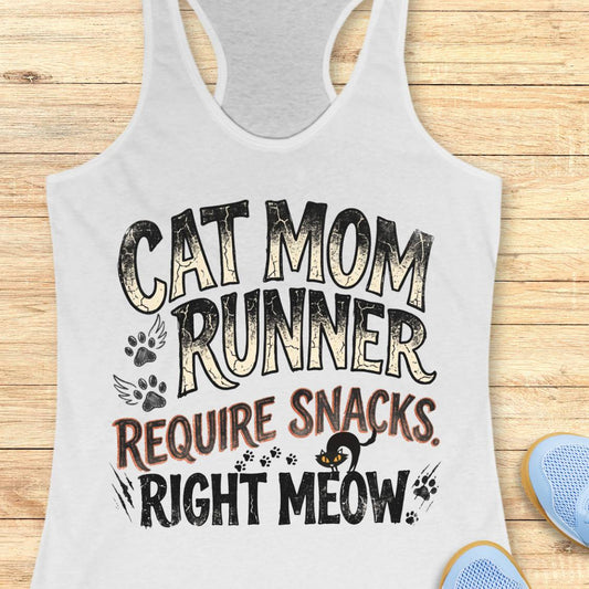 A white racerback tank top laid flat on a light wood surface, featuring a distressed graphic that reads 'CAT MOM RUNNER REQUIRE SNACKS. RIGHT MEOW.