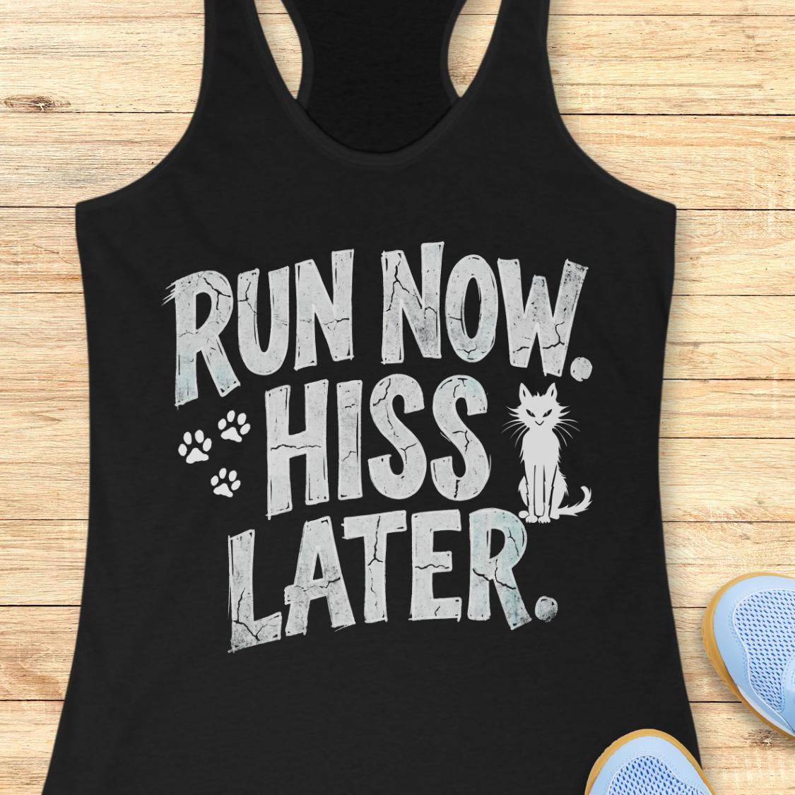 A black racerback tank top laid flat on a light wood surface, featuring the phrase 'RUN NOW. HISS LATER.