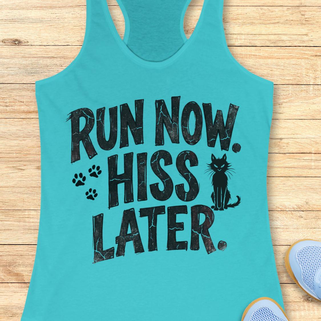 A turquoise racerback tank top laid flat on a light wood background, featuring the black distressed text 'RUN NOW. HISS LATER.