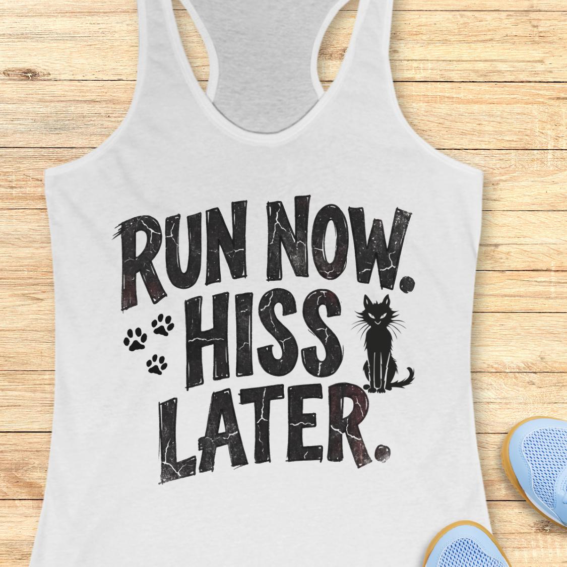A white racerback tank top laid flat on a light wood surface, featuring the phrase 'RUN NOW. HISS LATER.