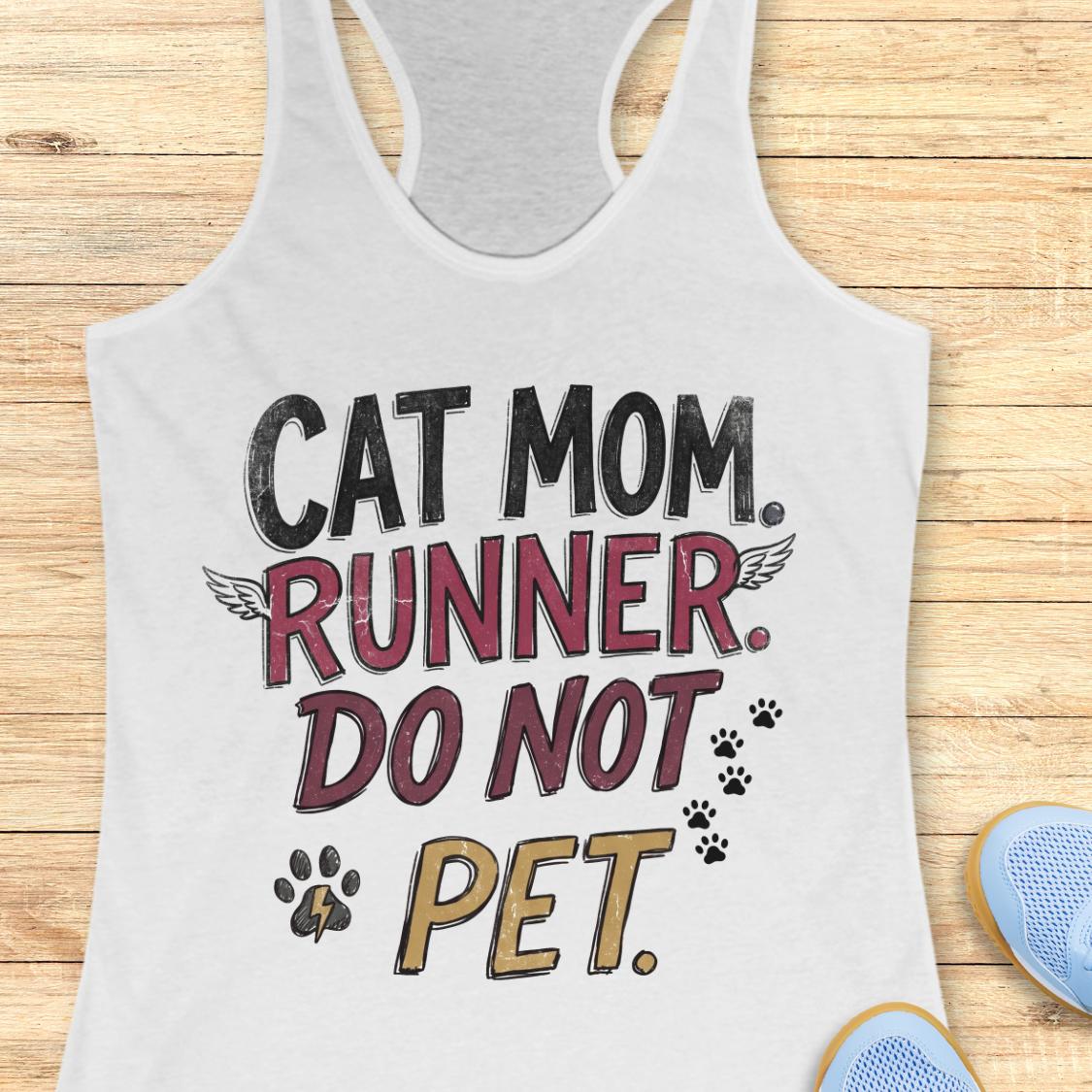 A white racerback tank top laid flat on a light wood background, featuring the text 'CAT MOM. RUNNER.