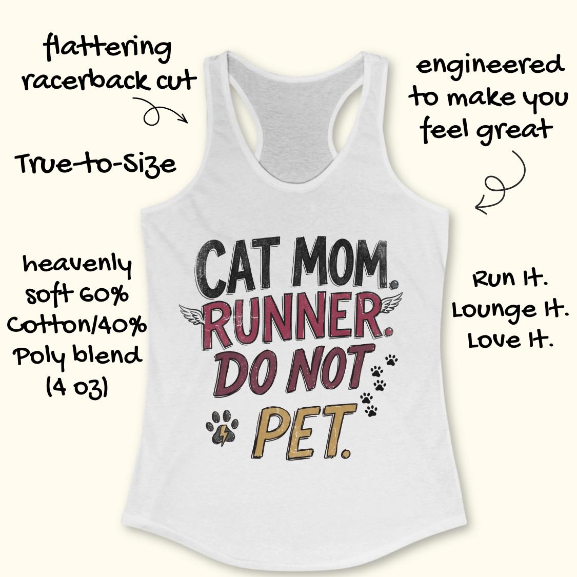 A white racerback tank top with a 'CAT MOM. RUNNER.