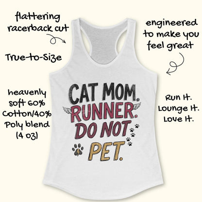 A white racerback tank top with a 'CAT MOM. RUNNER.