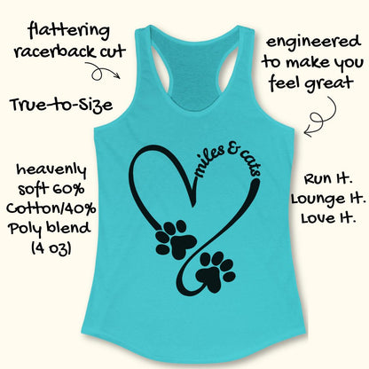 A turquoise racerback tank top with a black graphic of a heart, paw prints, and the words 'miles & cats'. The image includes hand-drawn text callouts highlighting product features and design elements on a light cream background.