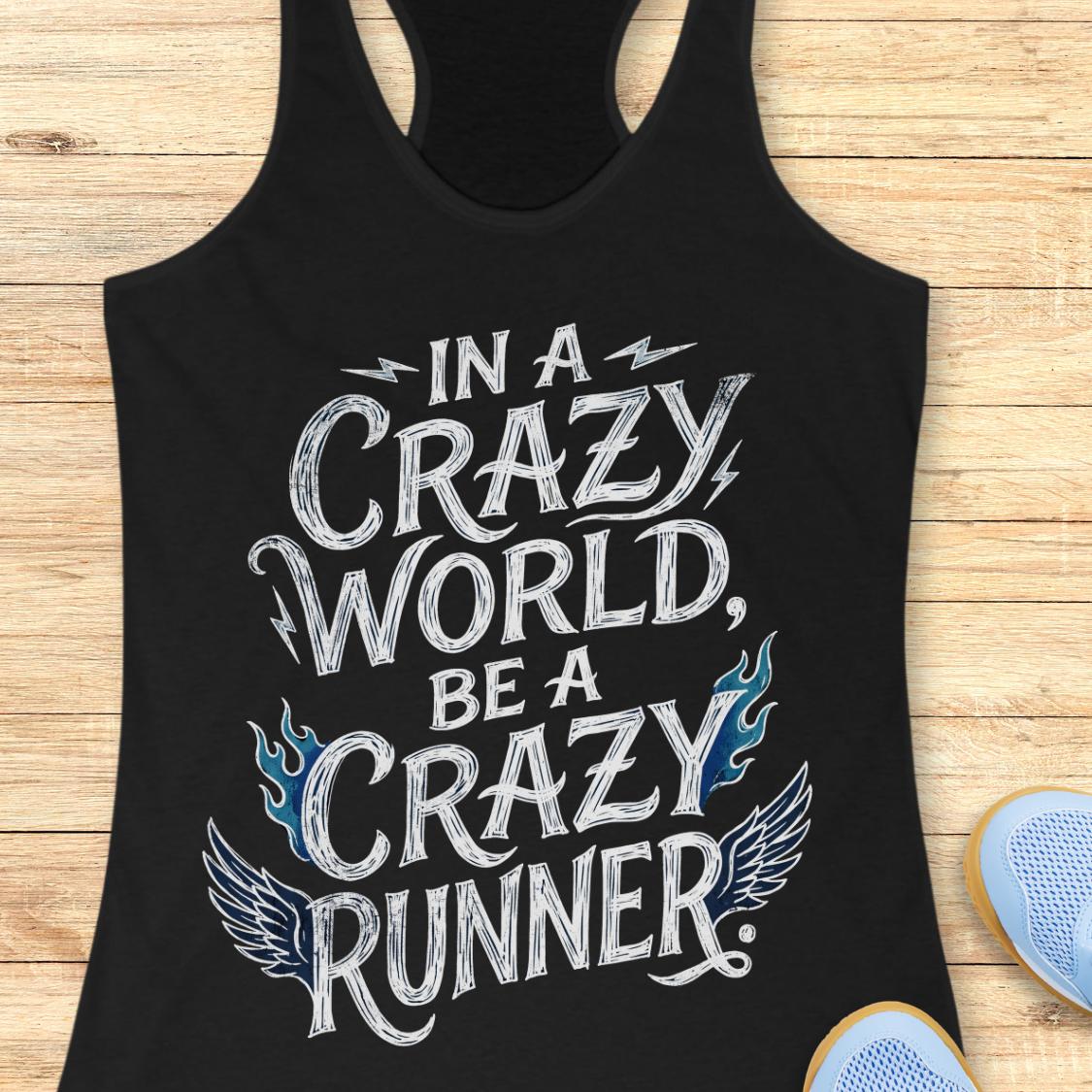 A black racerback tank top with a distressed white graphic reading 'IN A CRAZY WORLD, BE A CRAZY RUNNER' with blue flame and wing accents, laid flat on a light wood background with partial blue sneakers visible at the edges.