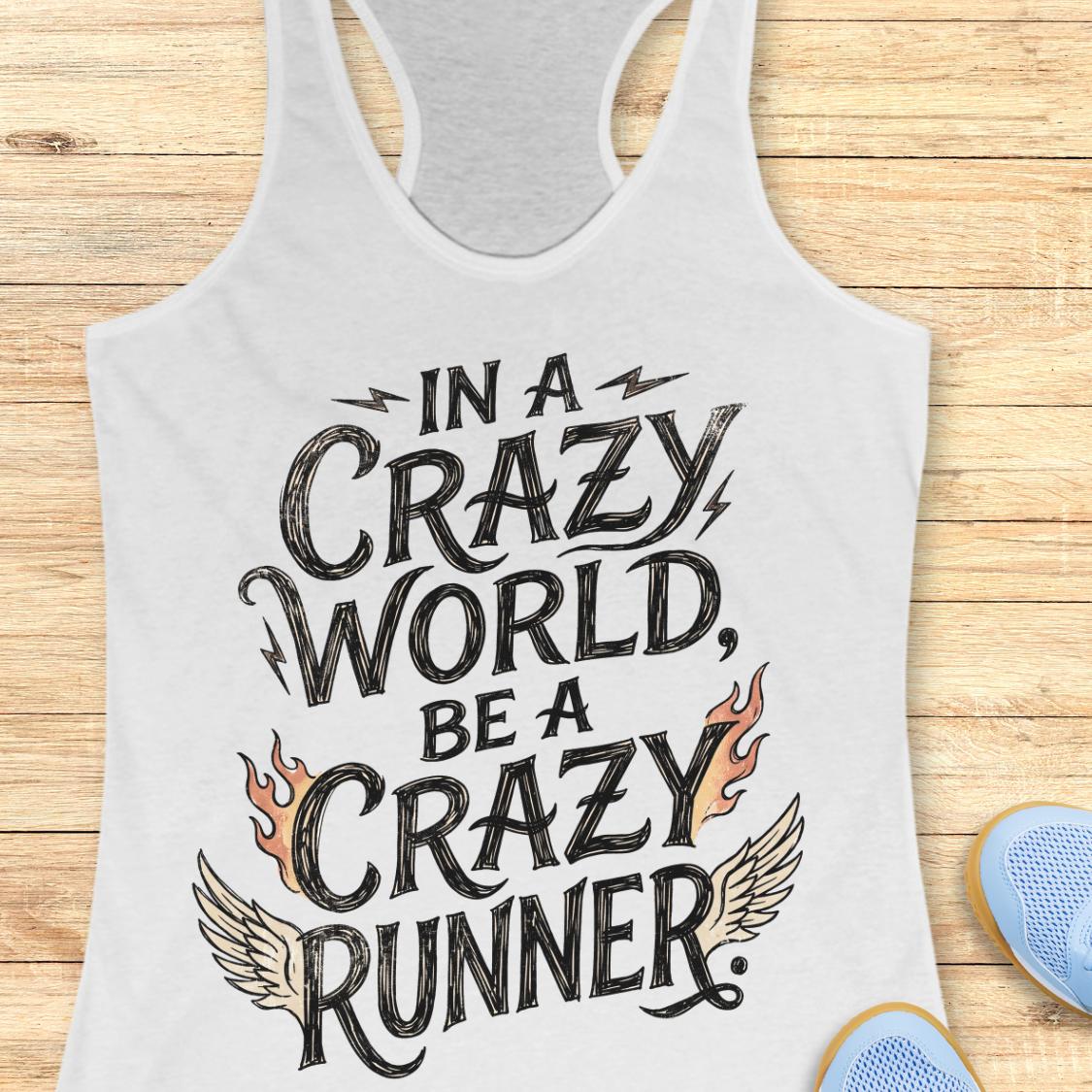 A white racerback tank top with a graphic print reading 'IN A CRAZY WORLD, BE A CRAZY RUNNER' in black lettering, accented with orange flames and beige wings, laid flat on a light wood background with partial blue shoes visible at the edges.