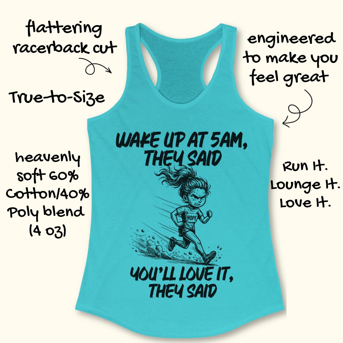 A turquoise racerback tank top with a black graphic of a runner and motivational text, shown on a light beige background with handwritten marketing callouts around it.
