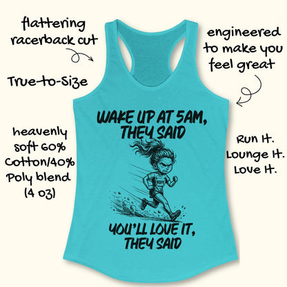 A turquoise racerback tank top with a black graphic of a runner and motivational text, shown on a light beige background with handwritten marketing callouts around it.