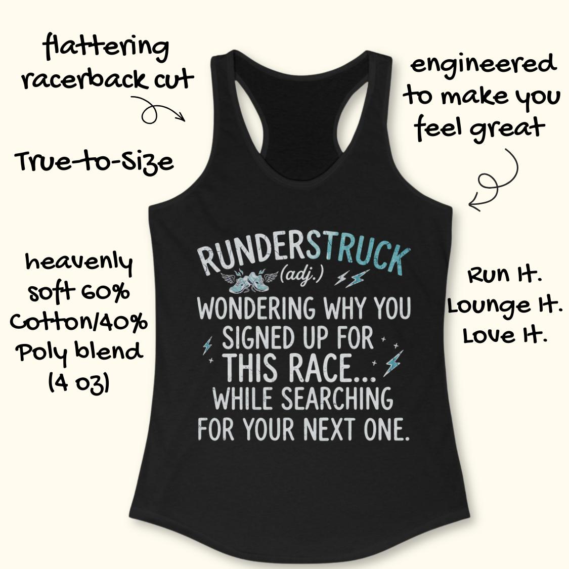 A black racerback tank top with a graphic text print on the front, displayed on a light beige background with decorative hand-written text callouts around it.