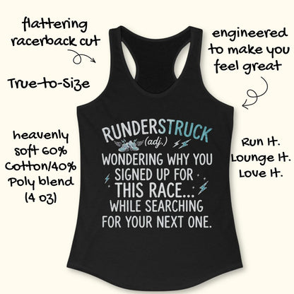 A black racerback tank top with a graphic text print on the front, displayed on a light beige background with decorative hand-written text callouts around it.