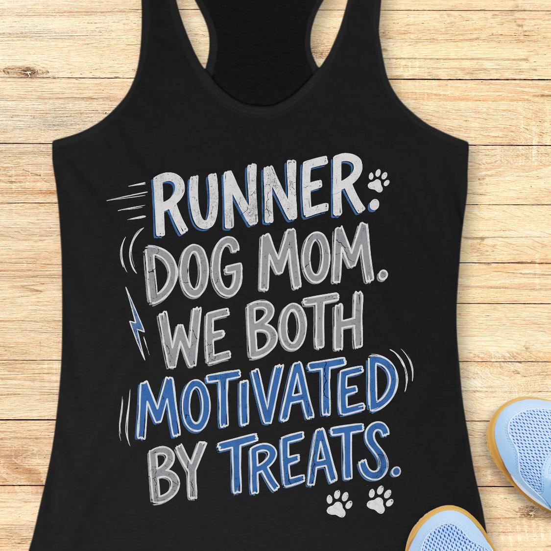 A black racerback tank top with a graphic that reads 'RUNNER. DOG MOM.