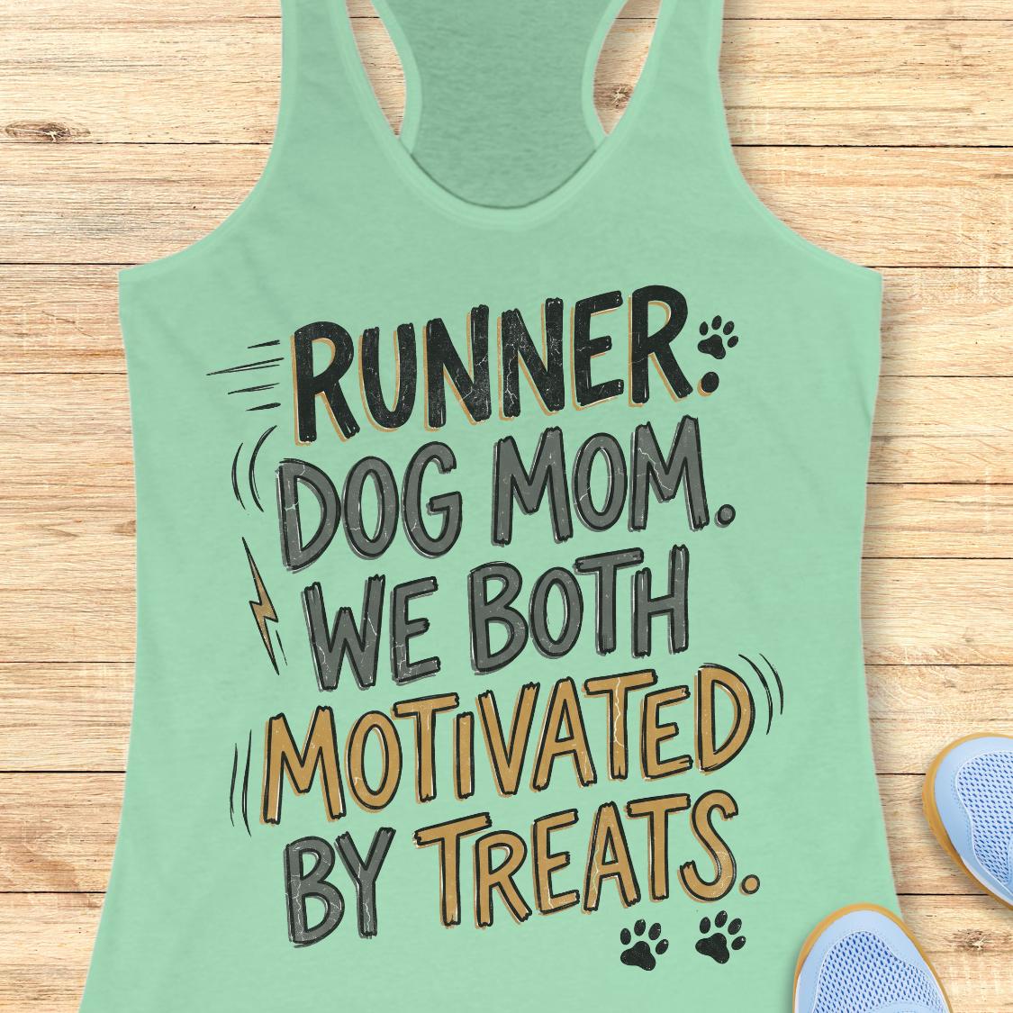 A mint green racerback tank top laid flat on a light wood background, featuring the text 'RUNNER: DOG MOM. WE BOTH MOTIVATED BY TREATS.