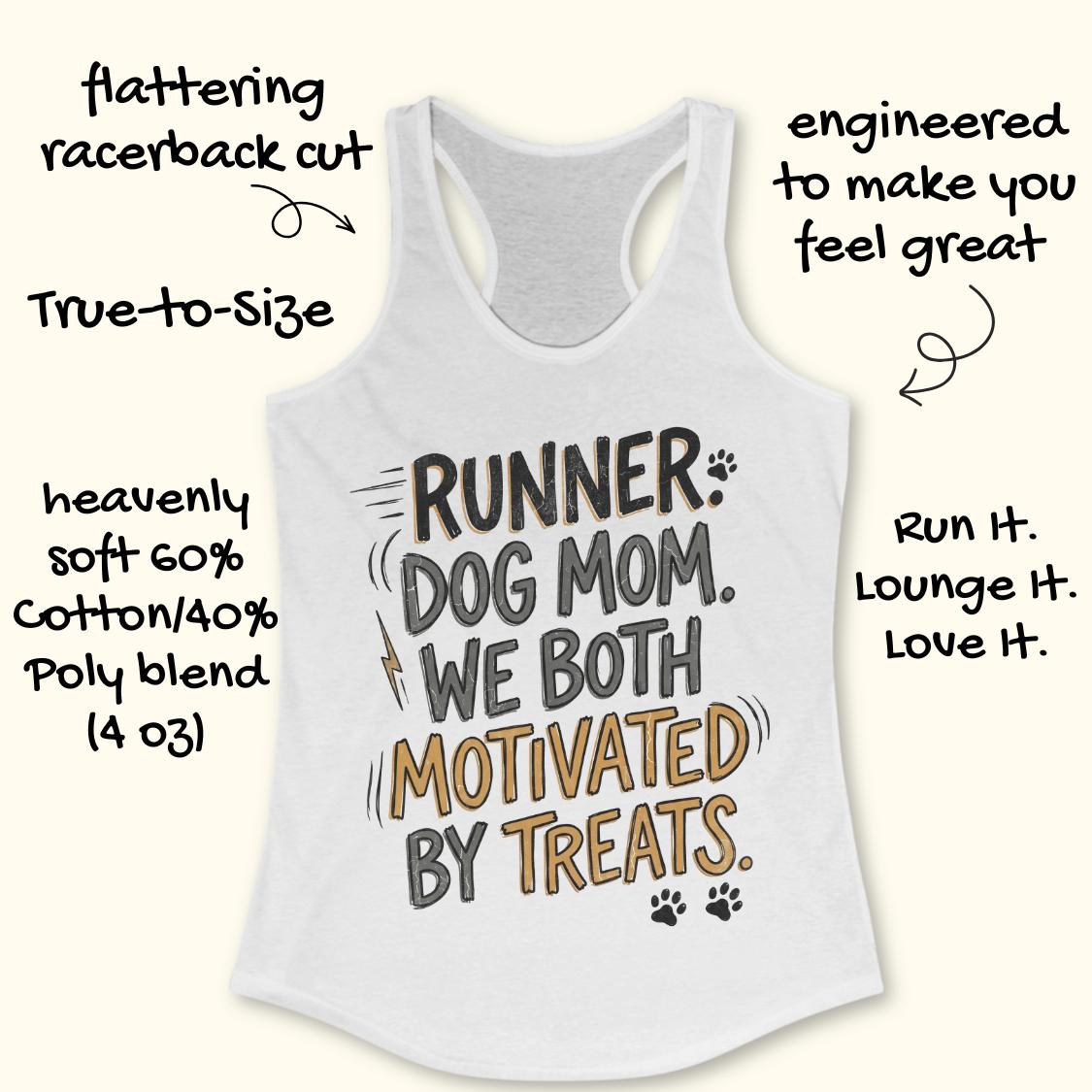 A white racerback tank top with a graphic that reads 'RUNNER DOG MOM WE BOTH MOTIVATED BY TREATS' in black and tan lettering, shown on a light cream background with decorative text callouts around it.