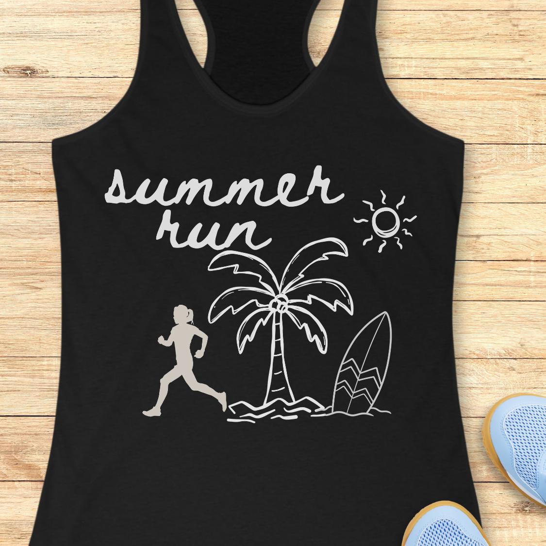 A black racerback tank top with a white graphic print that reads 'summer run' above a running figure, palm tree, surfboard, and sun, laid flat on a light wood background with partial blue shoes visible at the edges.