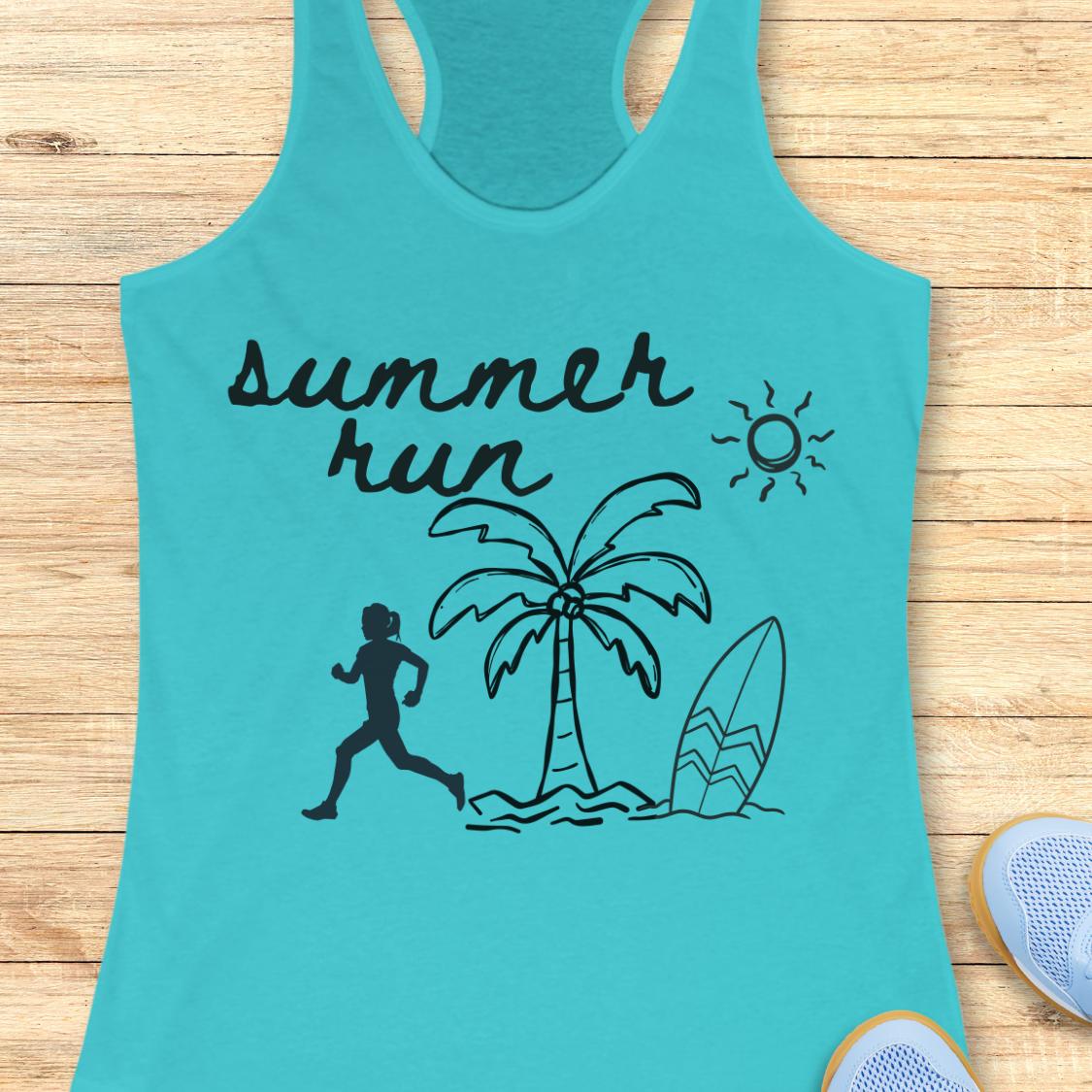 A turquoise racerback tank top laid flat on a light wood background, featuring a black graphic that reads 'summer run' with a running silhouette, palm tree, surfboard, and sun. Part of a blue shoe is visible at the bottom right.
