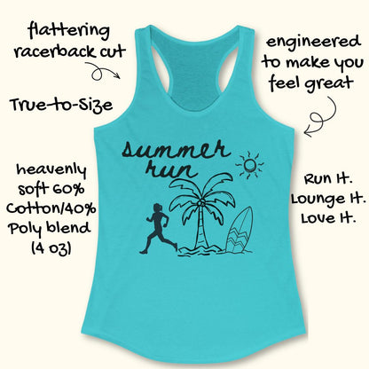 A turquoise racerback tank top with a black 'summer run' graphic featuring a runner, palm tree, and surfboard. The image includes handwritten marketing text overlays highlighting the racerback cut, true-to-size fit, soft cotton/poly blend fabric, and overall comfort.