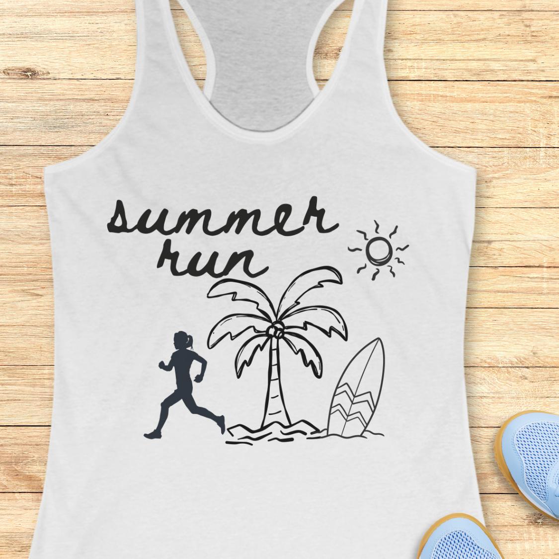 A white racerback tank top with a black 'summer run' graphic featuring a running silhouette, palm tree, surfboard, and sun, displayed flat on a light wood background with blue sneakers partially visible.