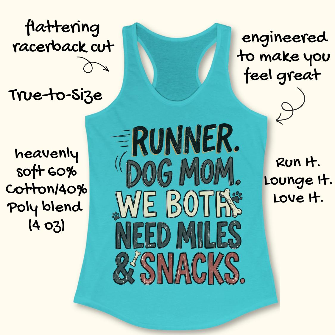 A turquoise racerback tank top with a graphic that reads 'RUNNER. DOG MOM.
