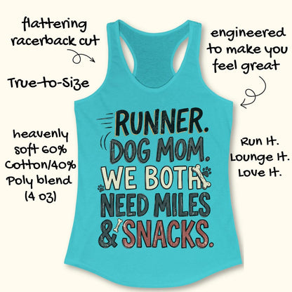 A turquoise racerback tank top with a graphic that reads 'RUNNER. DOG MOM.