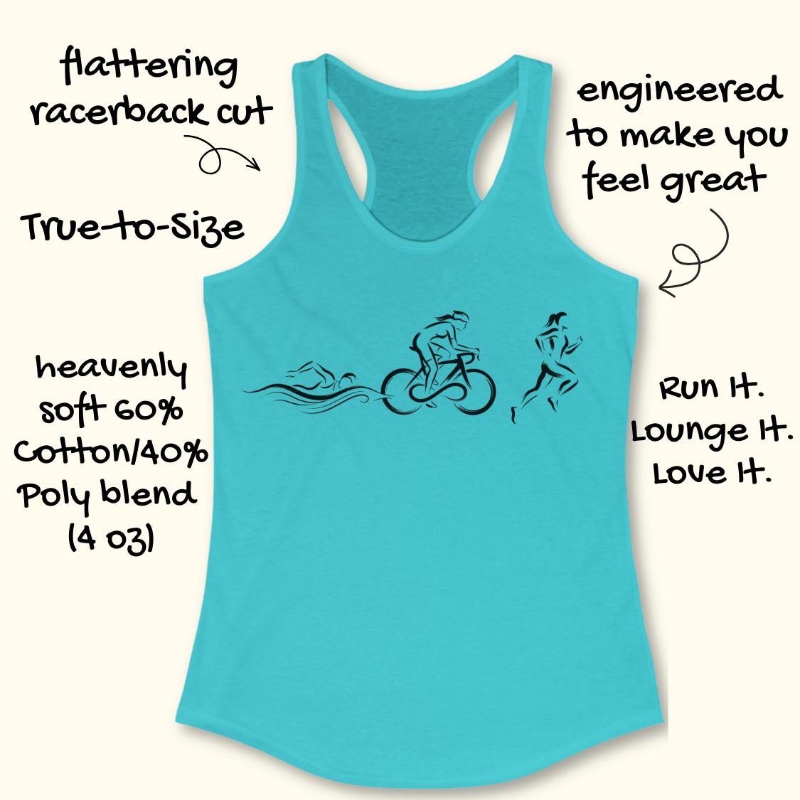 A turquoise racerback tank top with a black line art graphic of a swimmer, cyclist, and runner. The image is set against a warm cream background with several black text callouts describing the product features.