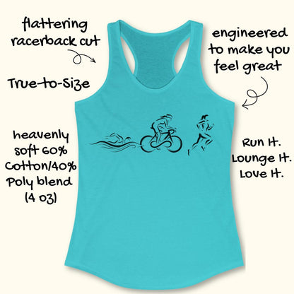 A turquoise racerback tank top with a black line art graphic of a swimmer, cyclist, and runner. The image is set against a warm cream background with several black text callouts describing the product features.
