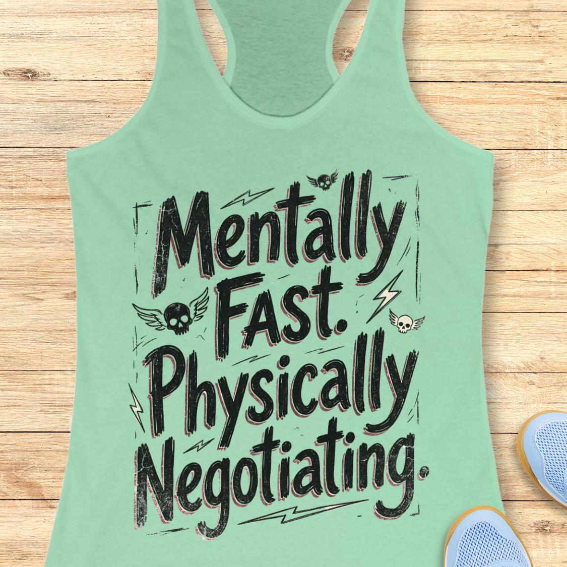 A mint green racerback tank top with a black graphic text reading 'Mentally Fast. Physically Negotiating.