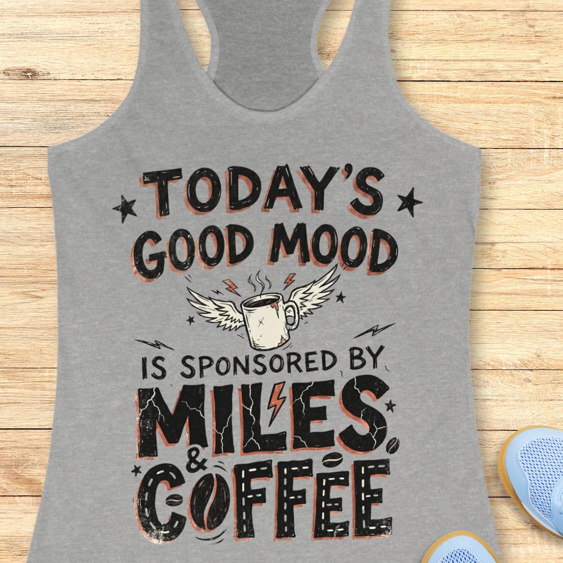 A heather gray racerback tank top laid flat on a light wood background, featuring a humorous graphic that reads 'TODAY'S GOOD MOOD IS SPONSORED BY MILES & COFFEE' with a coffee mug, wings, and lightning bolts. Partial blue shoes are visible at the bottom right as styling props.