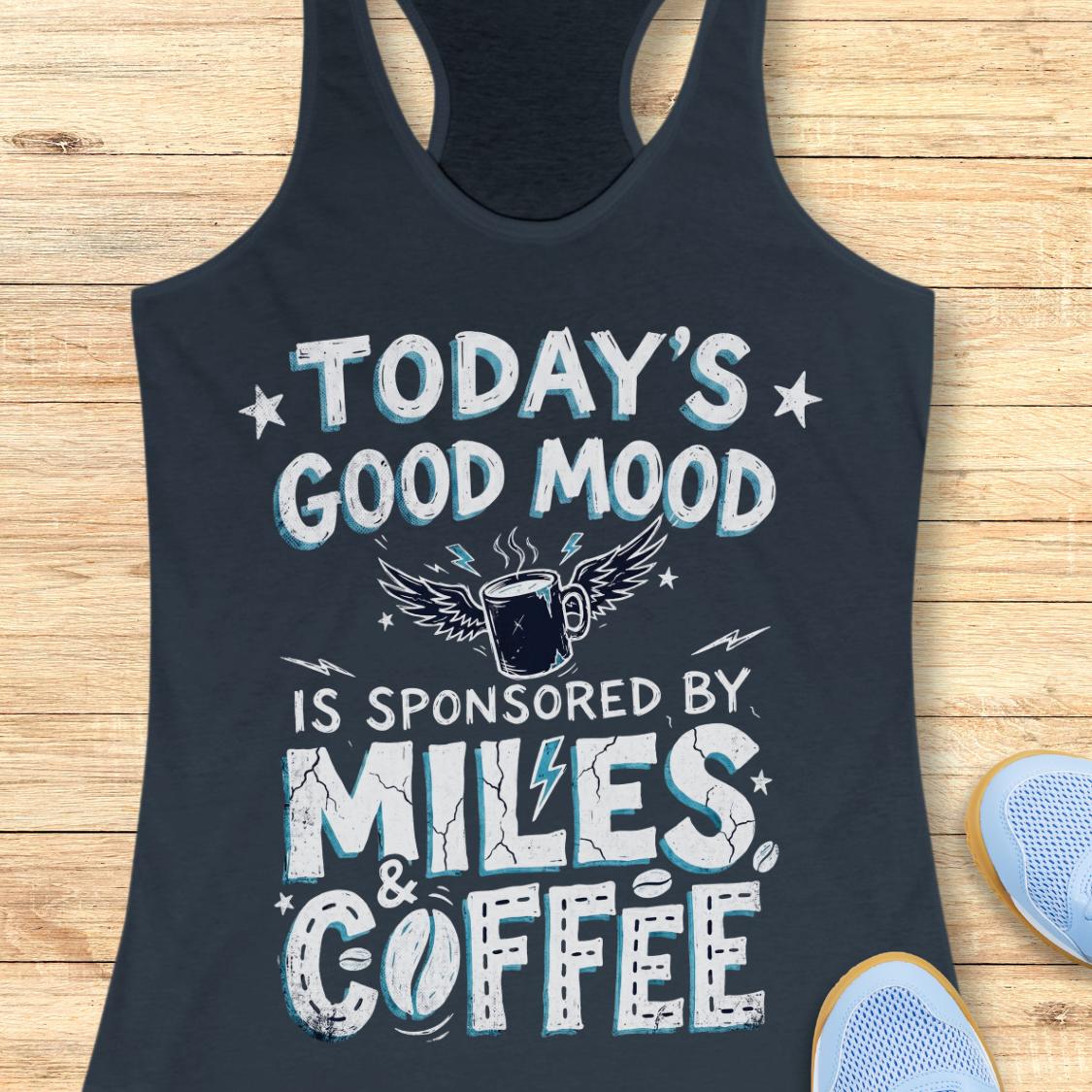 A racerback tank top laid flat on a light wood plank surface, featuring a humorous graphic that reads 'TODAY'S GOOD MOOD IS SPONSORED BY MILES & COFFEE' in distressed white and light blue lettering with a winged coffee mug illustration. Part of a blue shoe is visible at the bottom right.