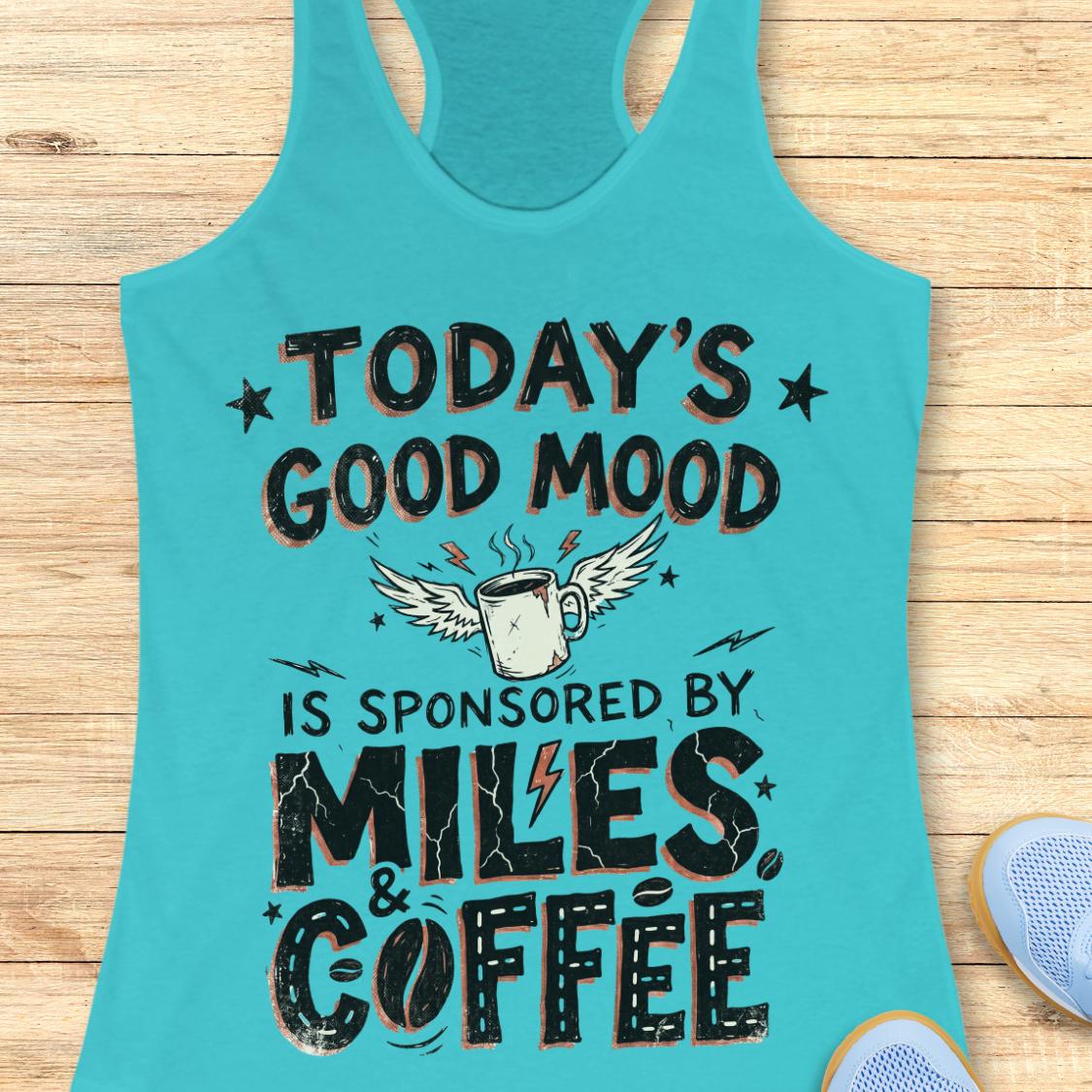 A turquoise racerback tank top laid flat on a light wood background, featuring a humorous graphic that reads 'TODAY'S GOOD MOOD IS SPONSORED BY MILES & COFFEE' with a winged coffee mug illustration. Part of a blue shoe is visible in the bottom right corner.