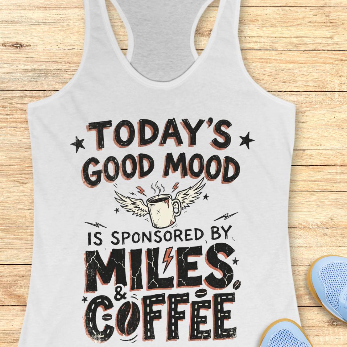 A white racerback tank top with a graphic print that reads 'TODAY'S GOOD MOOD IS SPONSORED BY MILES & COFFEE' in black and orange lettering, styled flat on a light wood plank background with partial blue shoes visible at the edges.
