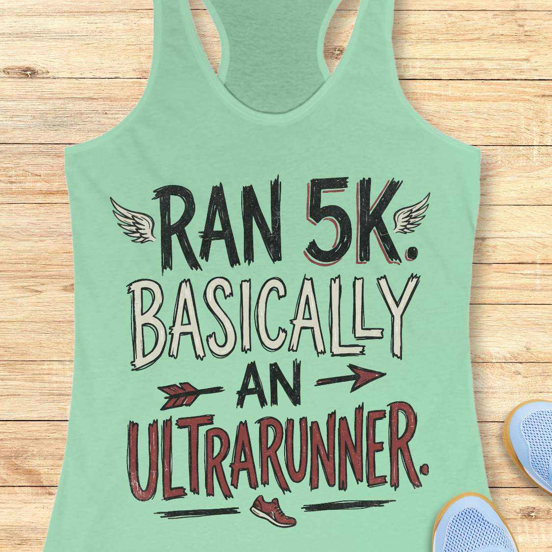 A mint green racerback tank top laid flat on a light wood background, featuring the text 'RAN 5K. BASICALLY AN ULTRARUNNER.