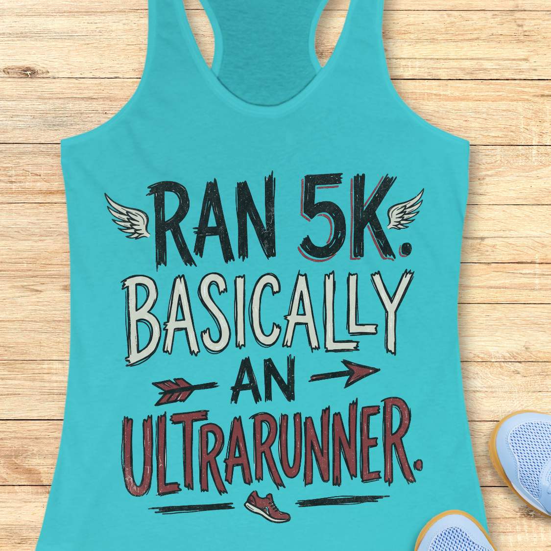A turquoise racerback tank top laid flat on a light wood surface, printed with the phrase “RAN 5K. BASICALLY AN ULTRARUNNER.