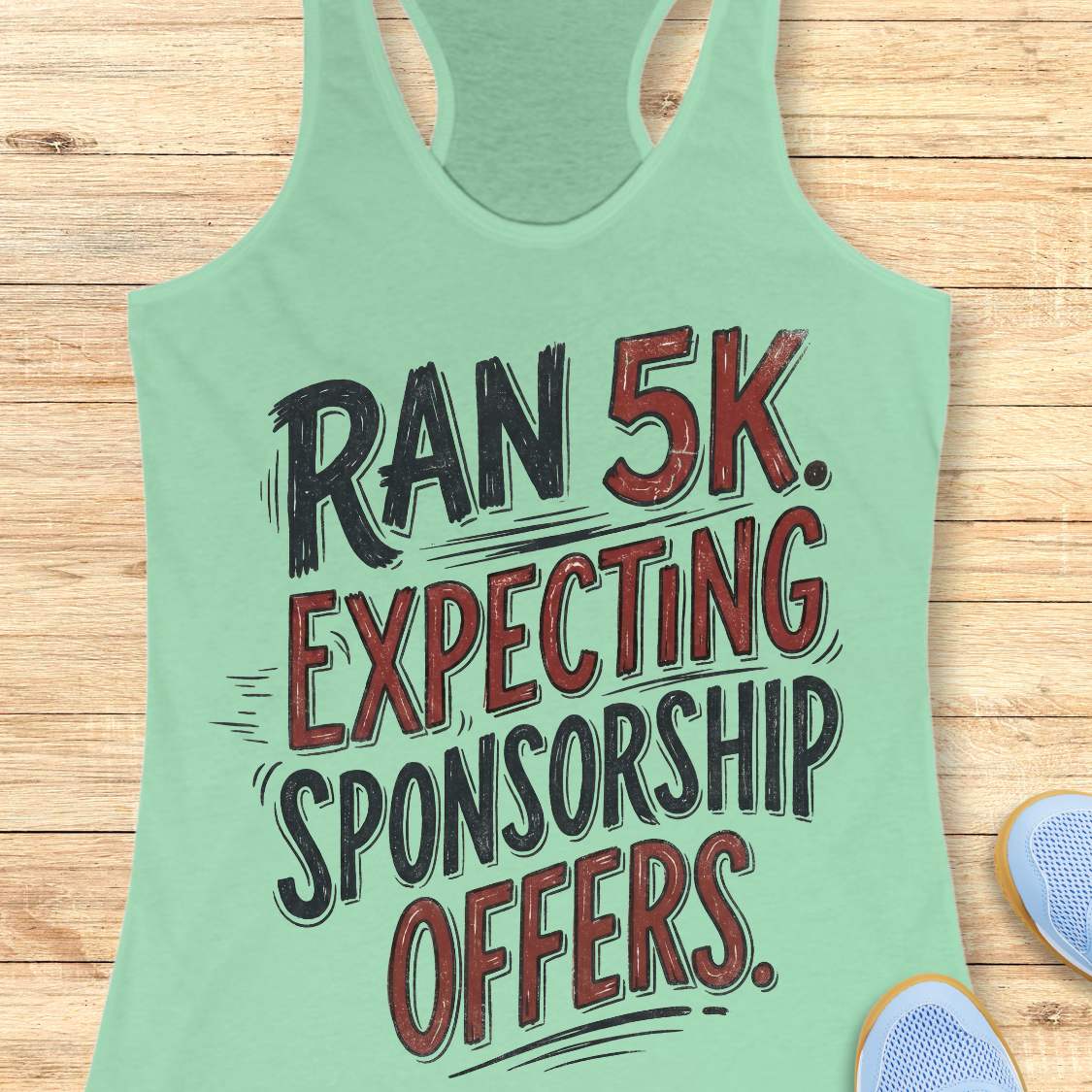 A mint green racerback tank top laid flat on a light wood plank background, featuring the text 'RAN 5K. EXPECTING SPONSORSHIP OFFERS.